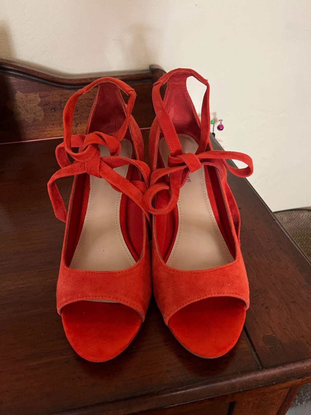 Saks Fifth Avenue Red Suede Open-Toe Tie-Ankle Heels